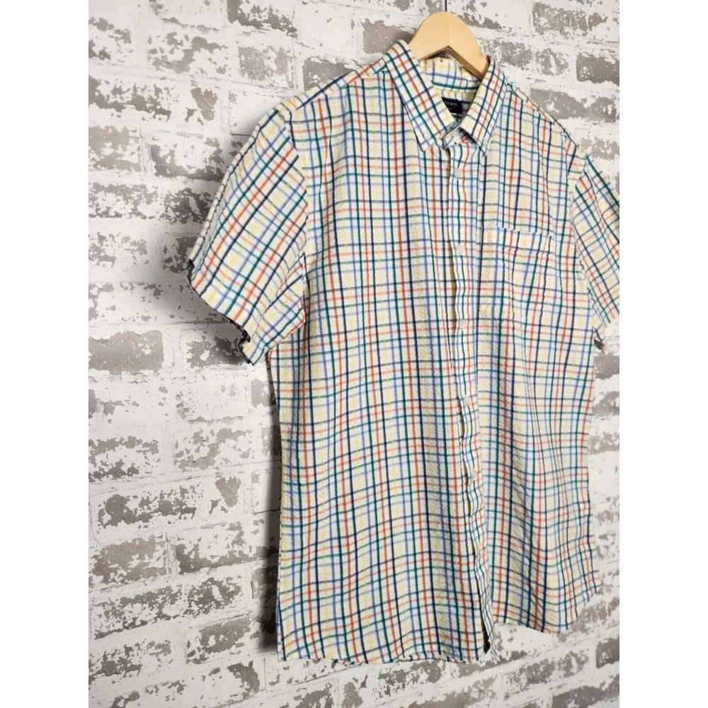 Banana Republic Seersucker Shirt‎ Men Sz Large Stripe Button Short Sleeve Casual